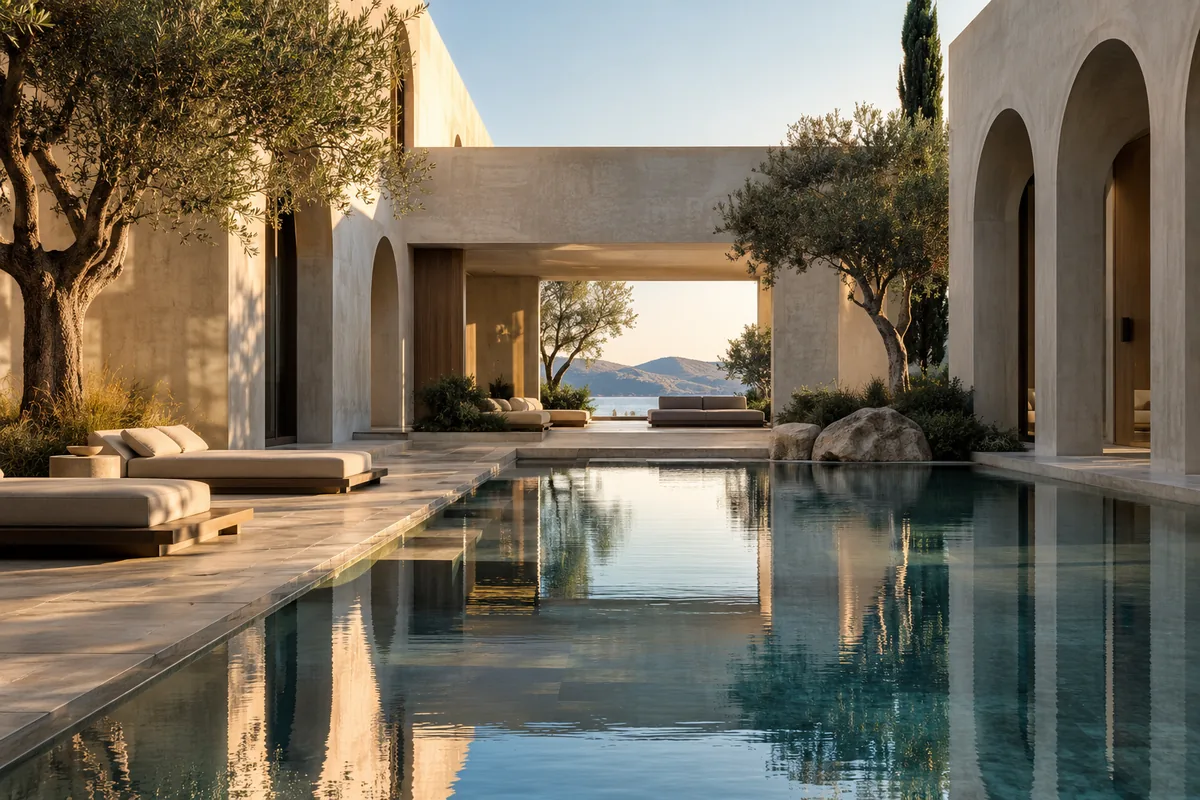 Concept architecture with a quiet pool and sculptural courtyard